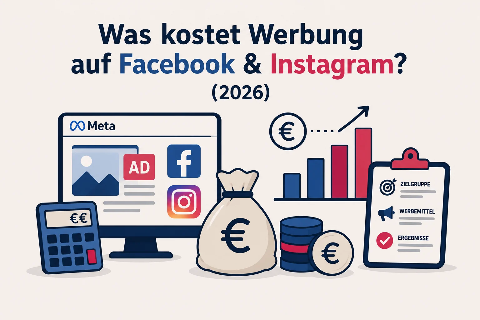 Kosten für Facebook- und Instagram-Werbung 2026 — Taschenrechner, Meta-Anzeige und Kostenkurve.
