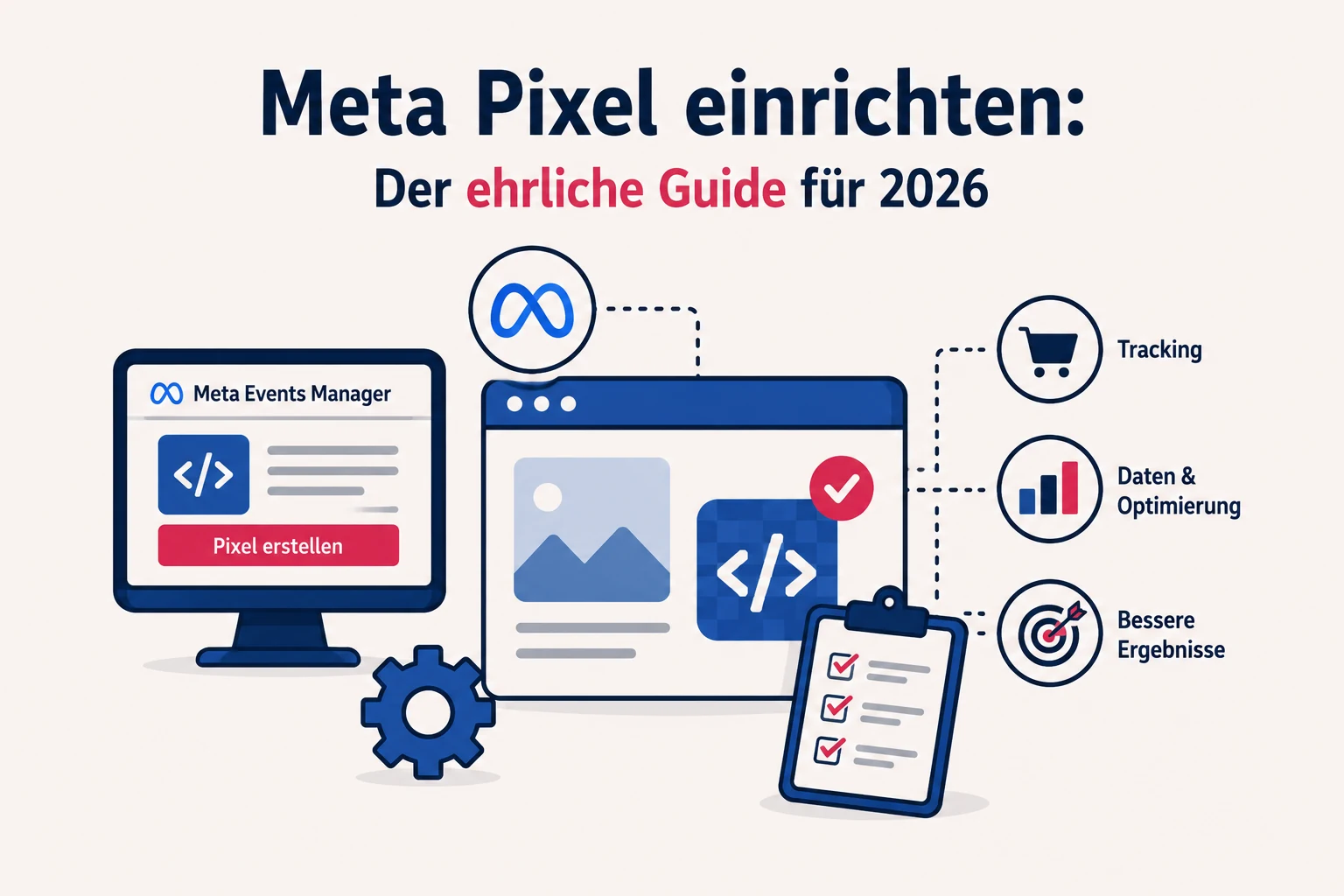 Der Meta Pixel — Datenfluss von Website zu Meta, Code-Schnipsel, Event-Signale.