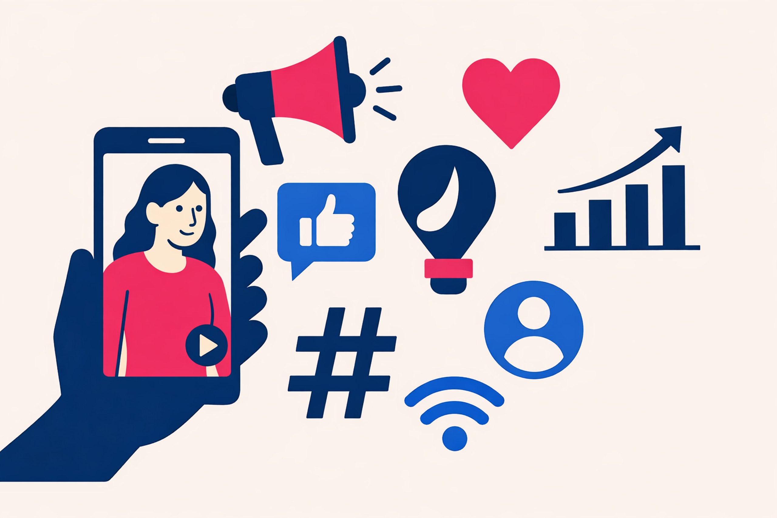 Hand holding a smartphone with a woman on screen, surrounded by social media icons